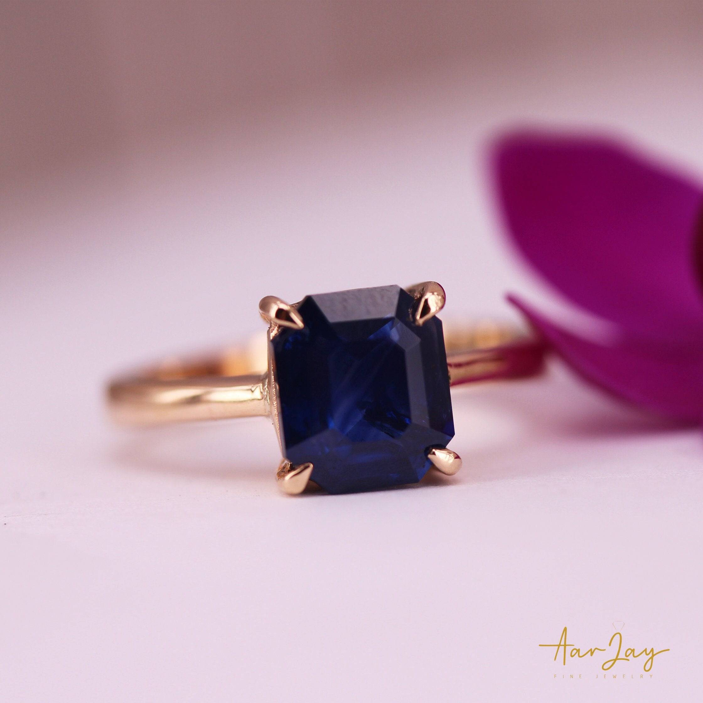 Blue Sapphire Ring 2.60 Cts, 14Kt Rose Gold Royal Blue Sapphire Engagement Ring, Ceylon Gems Handmade Ring, Best Christmas Gift Ring for her - Baza Boutique 