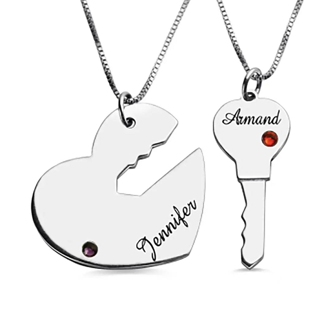 Personalized Key to My Heart Necklace - 925 Sterling Silver, Engraved Couple Gift - Baza Boutique 