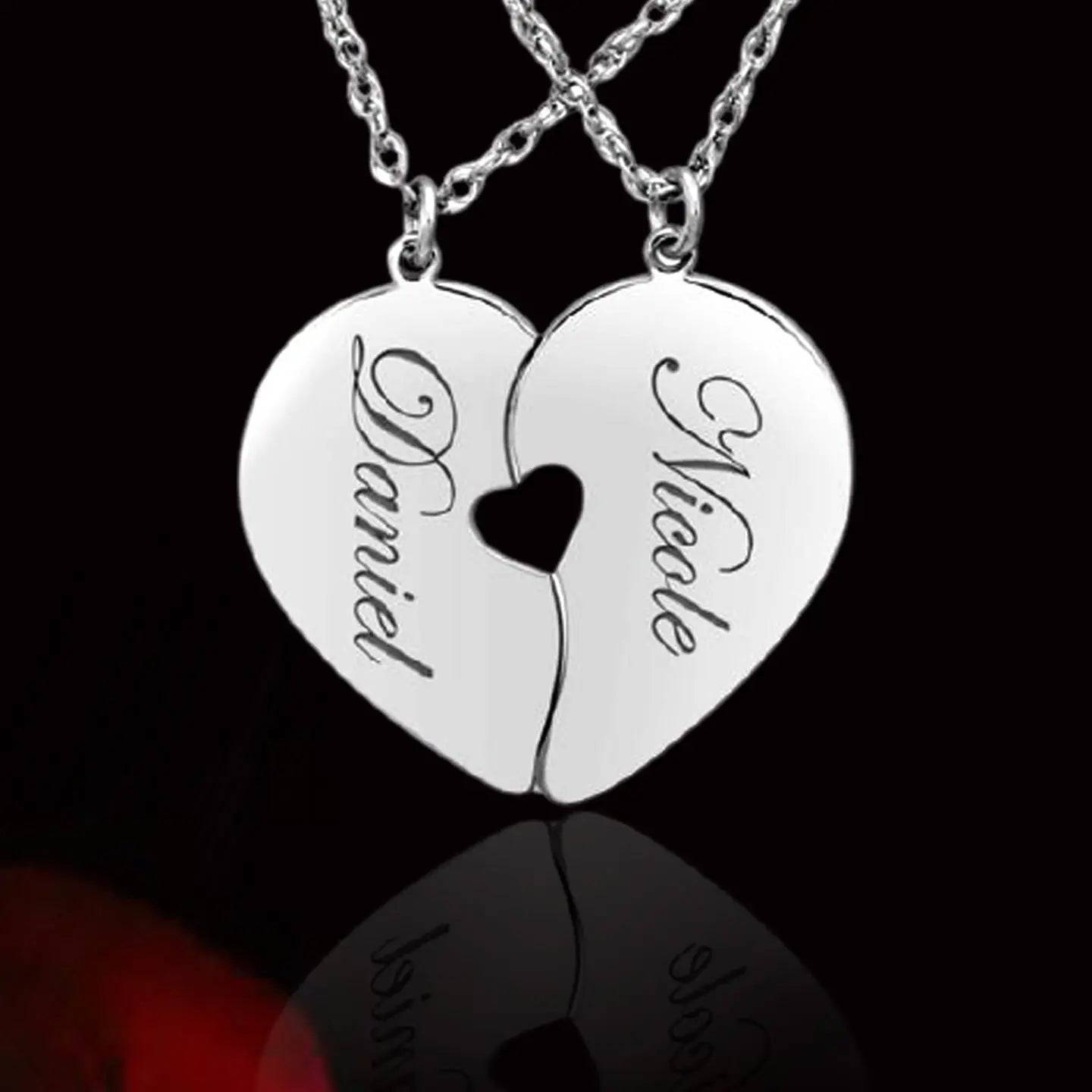 Personalized Heart Necklace Set - 925 Sterling Silver, Custom Engraved Couple Gifts - Baza Boutique 