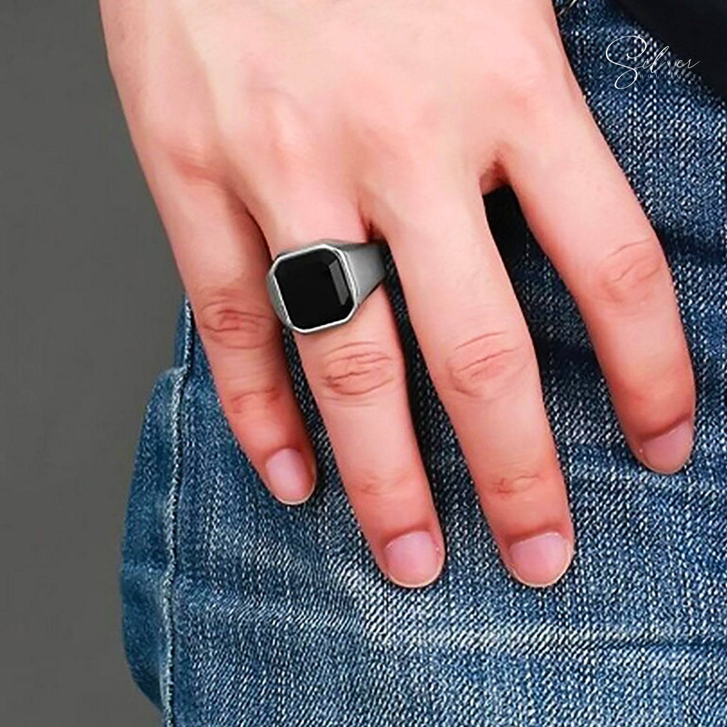 Gents Black Onyx Ring - Sterling Silver Men's Jewelry - Baza Boutique 