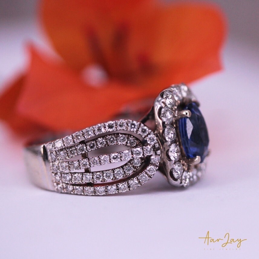 Blue Sapphire Ring 2.50 Cts in 14Kt White Gold Royal Blue Sapphire Engagement Ring Natural Diamond Halo Blue Sapphire Ring for her - Baza Boutique 